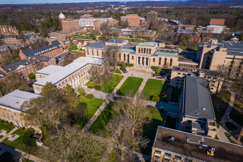 A drone photo of Pattee Mall and the surrounding buildings at Penn State University Park.