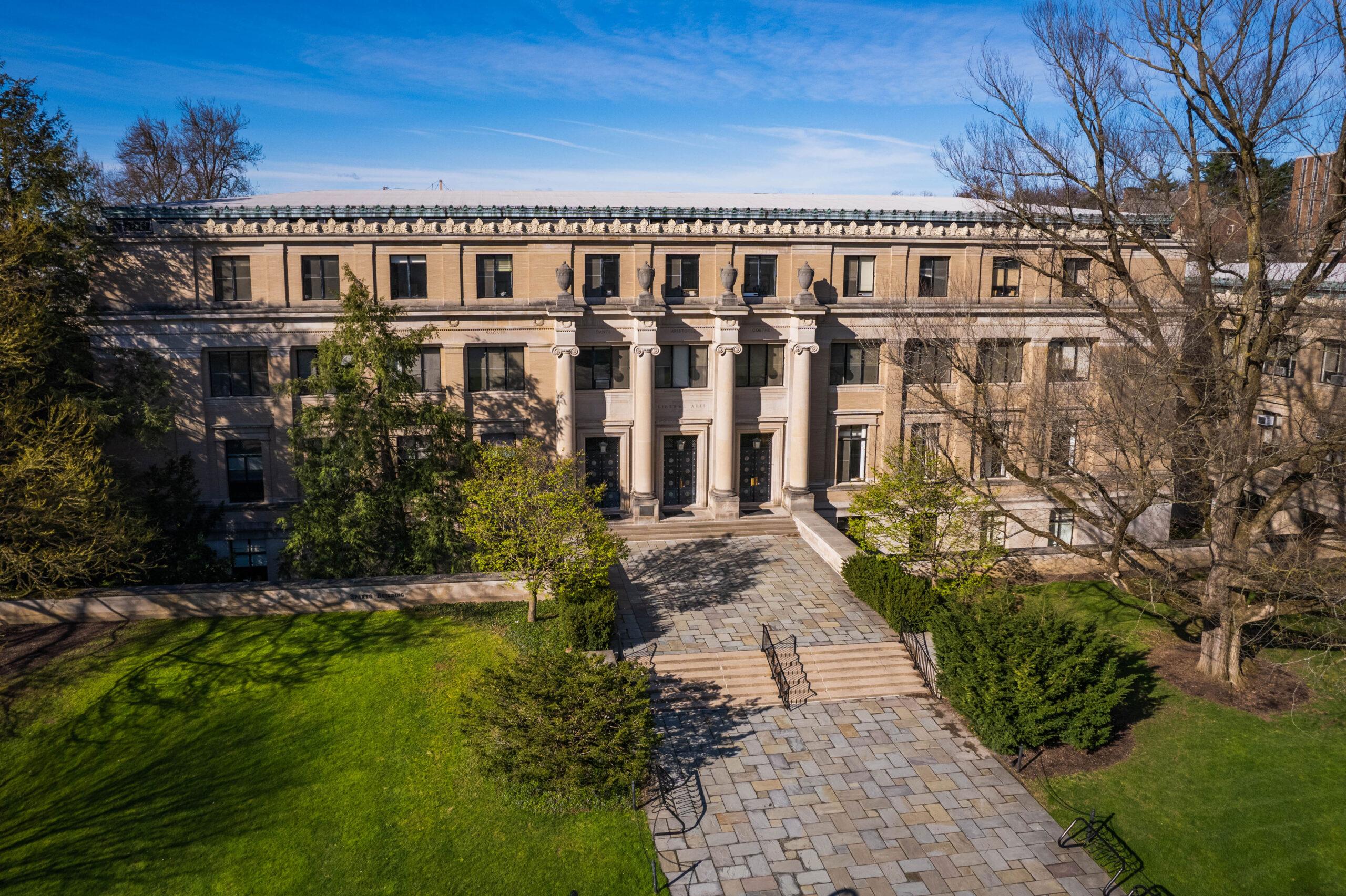 An aerial photo of the main entrance to Sparks Building in 2022