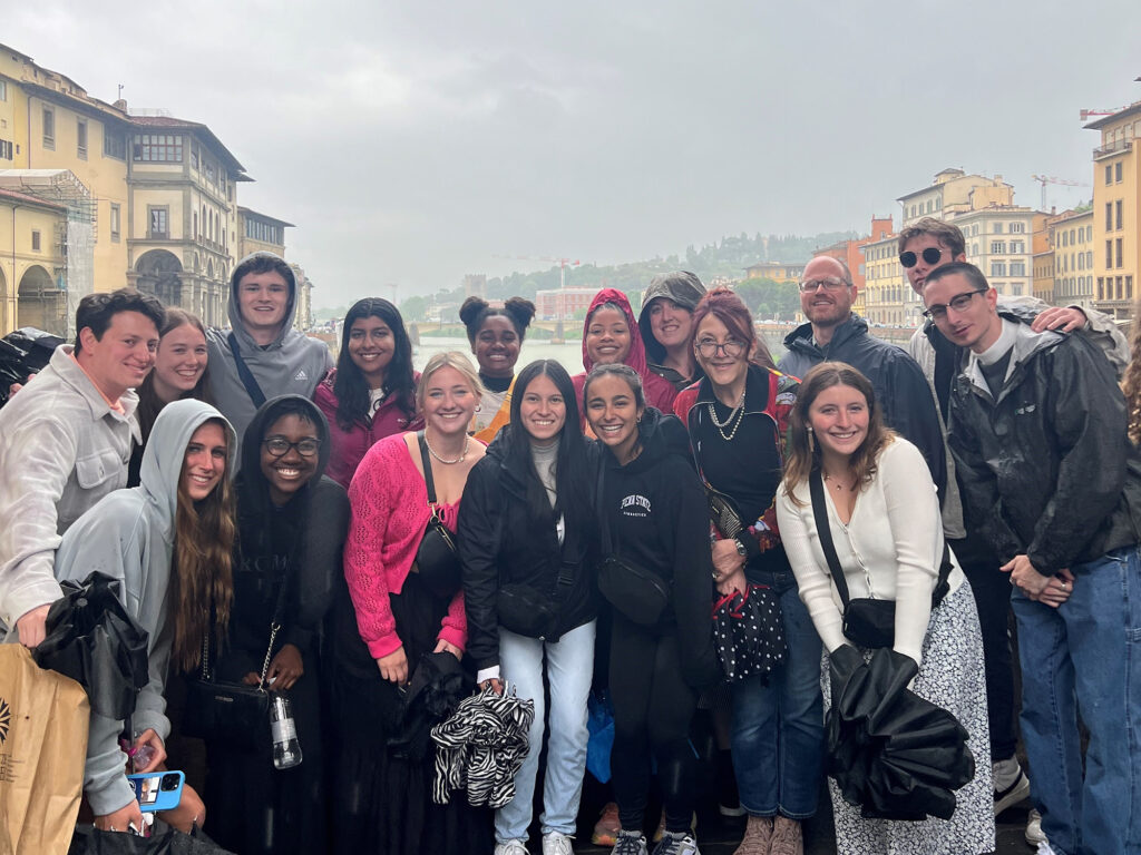 Penn State students gathered on the Ponte Vecchio in Florence, Italy during their two-week trip. Credit: Lauren Halberstadt.