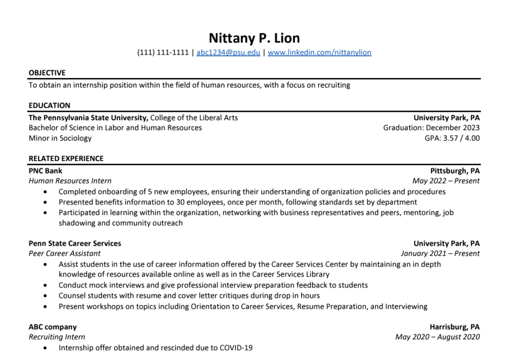 Photo of the Internship Resume Example