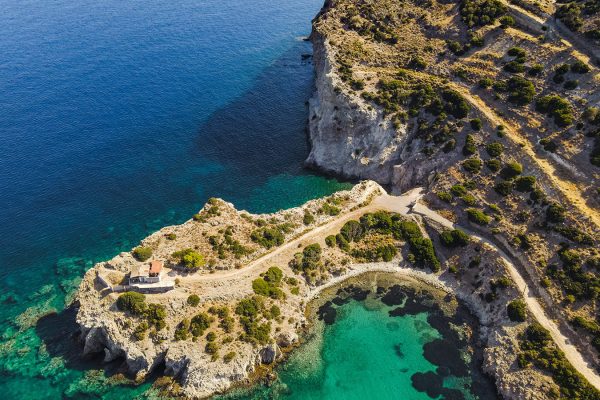 An aerial view of the Aegina coastline