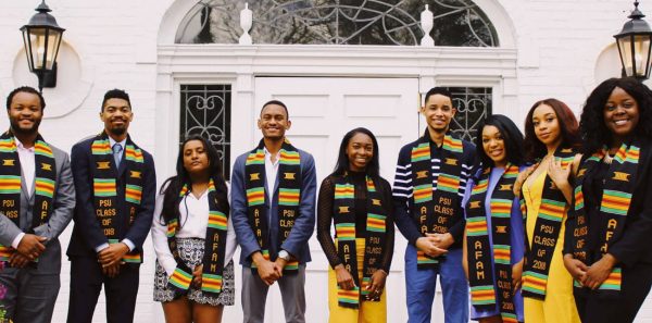A group of students participate in the 2018 Kente Cloth Ceremony.