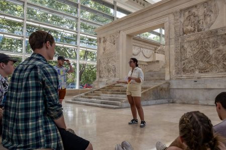 Taylor Godek, an English major and Classics and Ancient Mediterranean Studies minor, gave a presentation on the Ara Pacis Augustae in Rome.