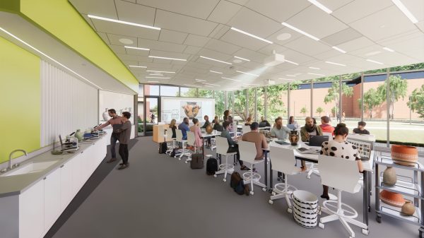 An interior rendering of a classroom in the Susan Welch Liberal Arts Building