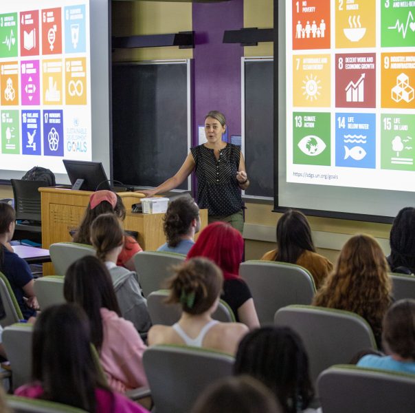 Laurel Pearson, associate teaching professor of anthropology, gives the First-Year Lecture on September 19, 2022.