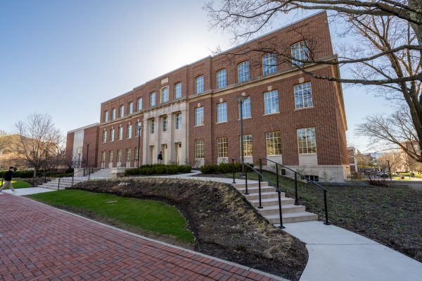 The northwest exterior entrance of the Willard Building at Penn State University Park