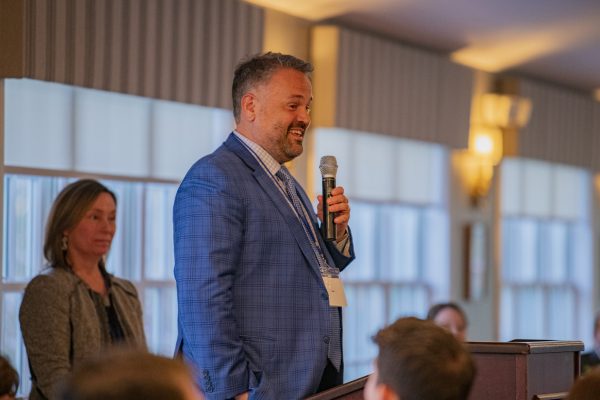 Matt Rhule speaks to the crowd at the Liberal Arts Alumni Awards Ceremony in April 2022