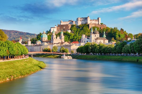 View of Salzburg skyline with Festung Hohensalzburg and river Salzach